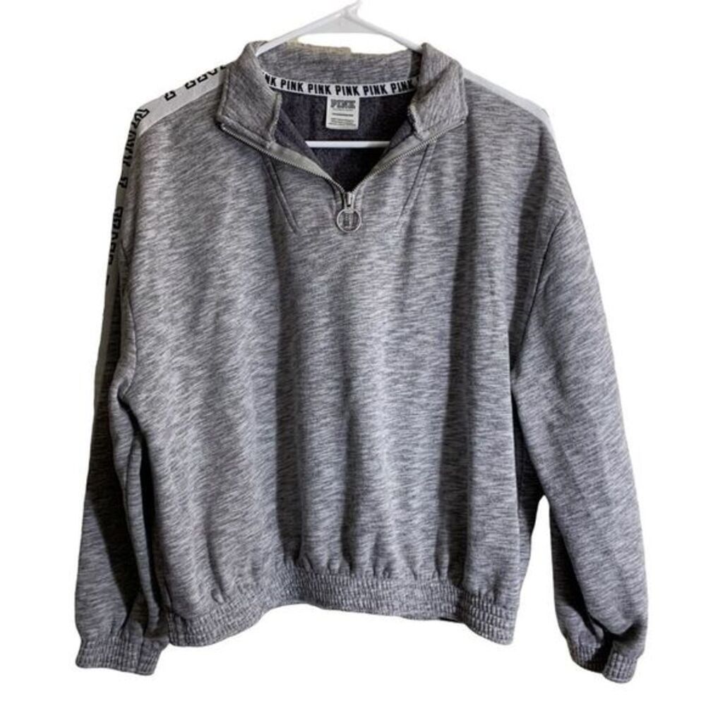 Pink Victoria's Secret Quarter Zip Pullover Women XS Gray Logo‎ Tape Sweatshirt